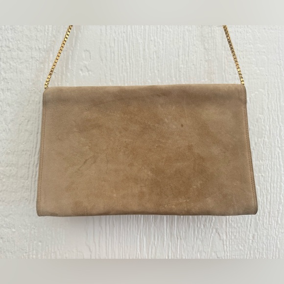 Fragiacomo purse clutch leather suede bag gold tone chain taupe Made in Italy - Picture 5 of 13